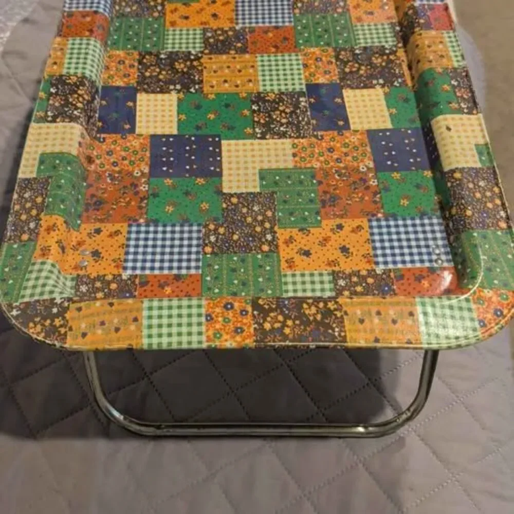Vtg 1970s Aluminum Patchwork TV Lap Tray Table Metal Folding Legs Gingham Calico